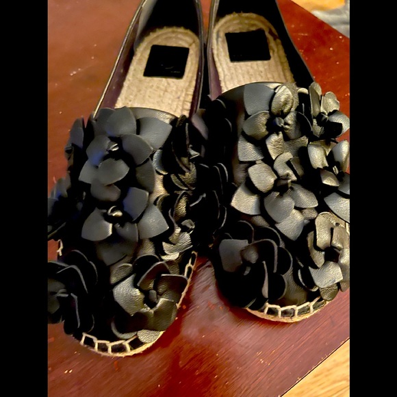 New Tory Burch 10.5 Blossom Leather Espadrille f Black Flowers flats